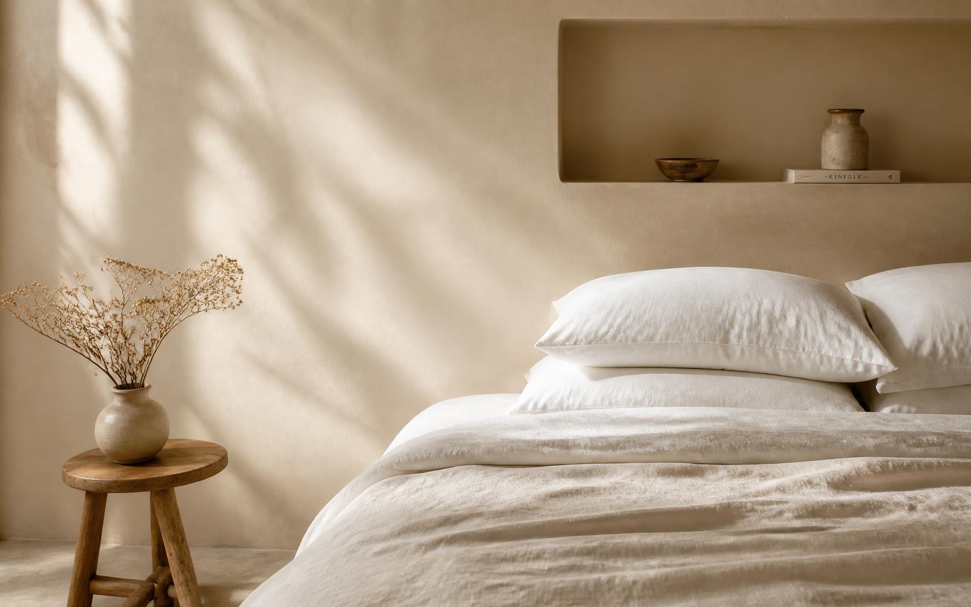 A softly lit bedroom with layered ivory linen bedding and plush pillows