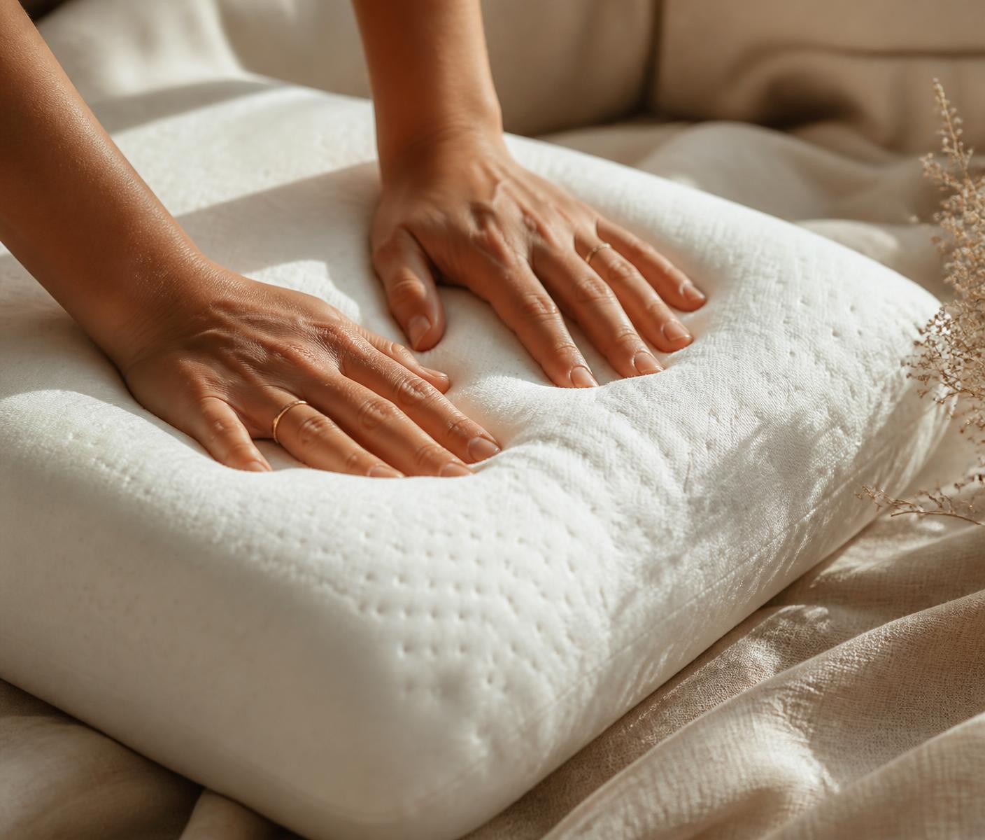 Hands pressing gently into a soft memory foam pillow
